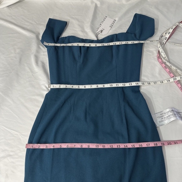 NWT $178 Dress the Population‎ [ Medium ] Bailey Off Shoulder Bodycon Dress Blue - Picture 11 of 12